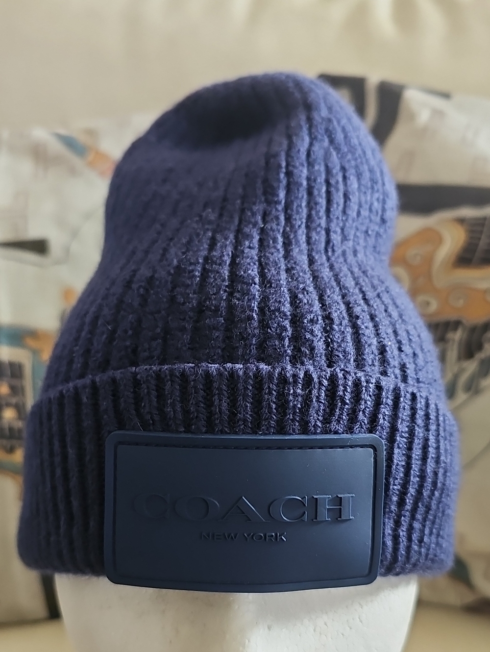 Coach Navy Ribbed Knit Beanie with Branded Patch